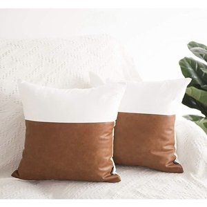 18X18”Cotton Canvas , Faux Leather Throw Pillow Cover - White, Brown New